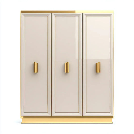 Armoire de chambre 3 portes blanc ivoire et doré 150 x 60 x 200 cm en panneaux MDF rectangulaire