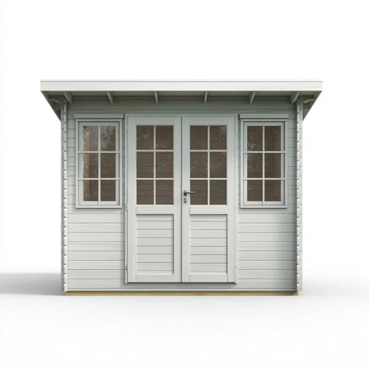 Abri de jardin rectangulaire gris clair en bois de sapin massif avec portes vitrées 300 x 240 x 240 cm
